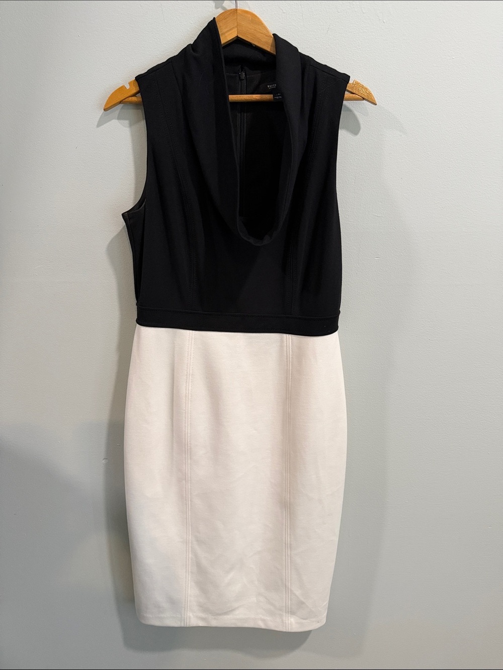 White House Black Market Black and White Cowl Neck Sheath Dress